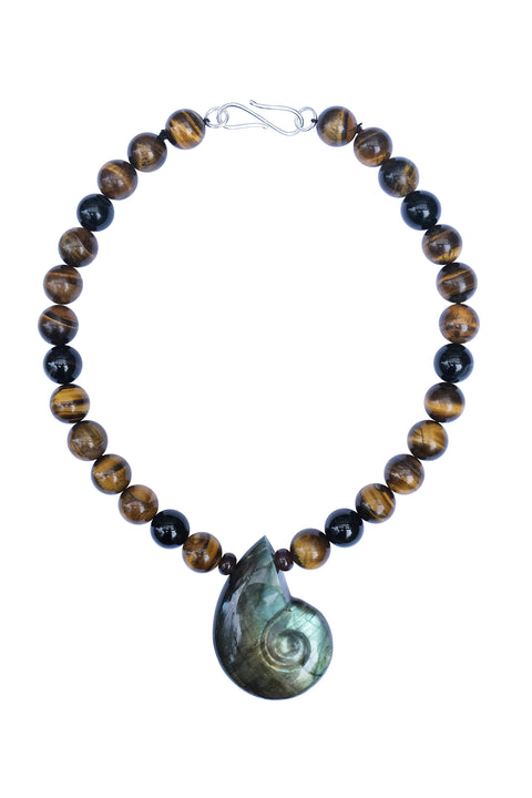 Gold Tiger's Eye & Labradorite Ammonite Amulet
